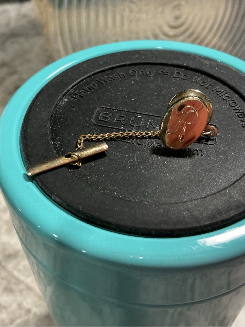 Gold Oval Engraved Tie Tack with Chain with letter R engraved